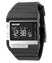Get right to the point with this unisex Diesel watch. Black plastic strap and square case, 45x38mm, with logo at bezel. Black negative display digital dial with time, day, date, alarm and seconds. Quartz movement. Water resistant to 50 meters. Two-year limited warranty. Get right to the point with this unisex Diesel watch. Black plastic strap and square case, 45x38mm, with logo at bezel. Black negative display digital dial with time, day, date, alarm and seconds. Quartz movement. Water resistant to 50 meters. Two-year limited warranty.