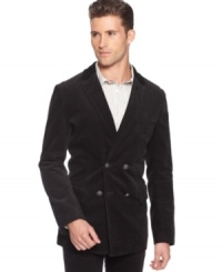 Armani Jeans uses stretch velvet, the material of the moment, in this year's rethink of the traditional two-button, double-breasted jacket with peak lapels. Armani Jeans uses stretch velvet, the material of the moment, in this year's rethink of the traditional two-button, double-breasted jacket with peak lapels.