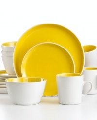 Made to last and easy to love, Oneida's Color Burst dinnerware boasts everyday durability and a modern two-tone design. A treat for tables of four, this set combines bright white and lemon yellow in clean coupe shapes. Made to last and easy to love, Oneida's Color Burst dinnerware boasts everyday durability and a modern two-tone design. A treat for tables of four, this set combines bright white and lemon yellow in clean coupe shapes.