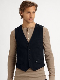 A well-tailored vest is tailored in triple twisted cotton twill to add instant polish to your everyday ensembles.Button frontWaist flap pocketsCottonDry cleanImported A well-tailored vest is tailored in triple twisted cotton twill to add instant polish to your everyday ensembles.Button frontWaist flap pocketsCottonDry cleanImported
