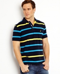 Smooth out your style with the refined look of this pique striped polo shirt from Nautica. Smooth out your style with the refined look of this pique striped polo shirt from Nautica.