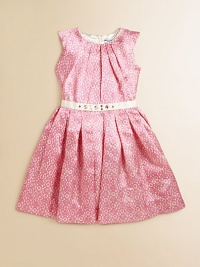 Lovely lace, printed on shiny satin charmeuse, has pretty pleats to make the shape and sparkly jewels at the waist.Round neckline with radiating pleatsSleevelessBack zip closeRibbon waistband with rhinestone accentsRelease pleats at waist ease into full skirtFully lined in satinPolyesterMachine washImported Lovely lace, printed on shiny satin charmeuse, has pretty pleats to make the shape and sparkly jewels at the waist.Round neckline with radiating pleatsSleevelessBack zip closeRibbon waistband with rhinestone accentsRelease pleats at waist ease into full skirtFully lined in satinPolyesterMachine washImported