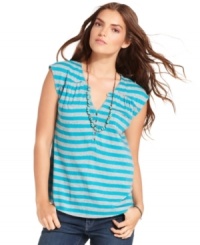 DKNY Jeans gives the petite henley an upgrade with fun stripes and strategic ruching at the chest. A perfect choice for pairing with jeans, shorts, and more! DKNY Jeans gives the petite henley an upgrade with fun stripes and strategic ruching at the chest. A perfect choice for pairing with jeans, shorts, and more!
