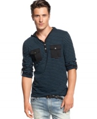 Lighten your layered look this summer with this y-neck striped hoodie from INC International Concepts. Lighten your layered look this summer with this y-neck striped hoodie from INC International Concepts.