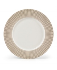 Shape up. A pattern of tiny squares gives the Mikasa Crisscross round platter a modern look and feel in resilient, everyday stoneware. Soothing tan and white tones mixing a matte and shiny finish add to its understated cool. Shape up. A pattern of tiny squares gives the Mikasa Crisscross round platter a modern look and feel in resilient, everyday stoneware. Soothing tan and white tones mixing a matte and shiny finish add to its understated cool.