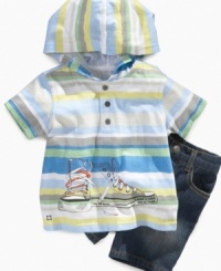Set the pace for his cool casual style early with this fresh striped henley shirt and denim shorts from Kenneth Cole Reaction. Set the pace for his cool casual style early with this fresh striped henley shirt and denim shorts from Kenneth Cole Reaction.