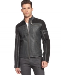 A cropped jacket that's not short on style: Armani Jeans leather moto jacket with zip front, zip pockets, and tab collar. A cropped jacket that's not short on style: Armani Jeans leather moto jacket with zip front, zip pockets, and tab collar.