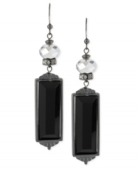 Dark and dazzling at once. Haskell's drop earrings are crafted from hematite-tone mixed metal with silver-tone faceted beads and a black rectangular acrylic piece for a bold touch. Glass crystal accents add luster. Approximate drop: 3-1/4 inches. Dark and dazzling at once. Haskell's drop earrings are crafted from hematite-tone mixed metal with silver-tone faceted beads and a black rectangular acrylic piece for a bold touch. Glass crystal accents add luster. Approximate drop: 3-1/4 inches.