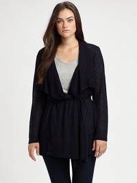 Slip into this undeniably feminine design featuring pretty draping and a silhouette-defining self-tie belt.Draped frontLong sleevesSelf-tie beltAbout 31 from shoulder to hemPolyester/rayonMachine washMade in USA Slip into this undeniably feminine design featuring pretty draping and a silhouette-defining self-tie belt.Draped frontLong sleevesSelf-tie beltAbout 31 from shoulder to hemPolyester/rayonMachine washMade in USA