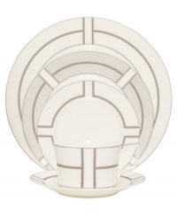 Metallic bronze lines meet and curve to create sleek geometric patterns on white dinnerware from Noritake dinnerware. The dishes feature platinum bands and angled handles that will get everyone hooked on the sophisticated Trieste 5-piece place settings, crafted in durable bone china for fine dining or everyday use. (Clearance) Metallic bronze lines meet and curve to create sleek geometric patterns on white dinnerware from Noritake dinnerware. The dishes feature platinum bands and angled handles that will get everyone hooked on the sophisticated Trieste 5-piece place settings, crafted in durable bone china for fine dining or everyday use. (Clearance)