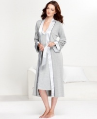 Understated style that's completely comfortable. Jones New York's French Terry gown features a satin tie and satin detail at the placket, cuffs and pockets. Understated style that's completely comfortable. Jones New York's French Terry gown features a satin tie and satin detail at the placket, cuffs and pockets.
