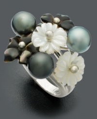 The treasures of both land and sea. This gorgeous sterling silver ring features flowers crafted from mother-of-pearl and iridescent black Tahitian pearls (7-8 mm). Size 7. The treasures of both land and sea. This gorgeous sterling silver ring features flowers crafted from mother-of-pearl and iridescent black Tahitian pearls (7-8 mm). Size 7.