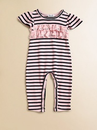 Sweet flutter sleeves, bold stripes and an eyelet ruffled bodice make this cozy one-piece a must-have for your baby girl.CrewneckShort flutter sleevesPullover styleBottom snaps38% pima cotton/38% modal/24% polyesterMachine washImported Please note: Number of snaps may vary depending on size ordered. Sweet flutter sleeves, bold stripes and an eyelet ruffled bodice make this cozy one-piece a must-have for your baby girl.CrewneckShort flutter sleevesPullover styleBottom snaps38% pima cotton/38% modal/24% polyesterMachine washImported Please note: Number of snaps may vary depending on size ordered.