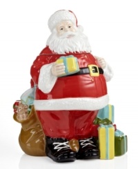 Fill his belly. This giant Santa Claus cookie jar from Martha Stewart Collection gets the festive spirit in full swing, featuring a pile of packages at St. Nick's feet and a rich, beautiful glaze. Fill his belly. This giant Santa Claus cookie jar from Martha Stewart Collection gets the festive spirit in full swing, featuring a pile of packages at St. Nick's feet and a rich, beautiful glaze.