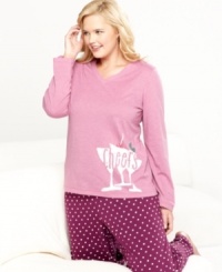 Toast to the comfortable style of Hue's Cheers Knit top and pajama pants set. Featuring a cheers graphic with rhinestone accents up top and polka dotted-pants down below. Toast to the comfortable style of Hue's Cheers Knit top and pajama pants set. Featuring a cheers graphic with rhinestone accents up top and polka dotted-pants down below.
