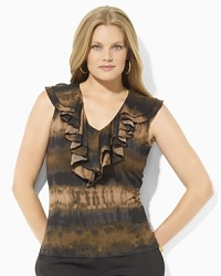 A soft cotton jersey top gets a modern update with ruffles at the neckline and a bold pattern. A soft cotton jersey top gets a modern update with ruffles at the neckline and a bold pattern.