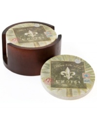 Stamped with the Fleur De Lis L'Hotel logo, these Thirstystone coasters offer charming character in naturally absorbent sandstone. A dark walnut holder corrals a set of four. Stamped with the Fleur De Lis L'Hotel logo, these Thirstystone coasters offer charming character in naturally absorbent sandstone. A dark walnut holder corrals a set of four.
