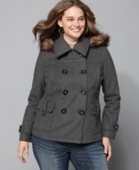 A removable faux fur hood lends a luxe touch to Dollhouse's plus size pea coat-- it's a must-have for falling temps! A removable faux fur hood lends a luxe touch to Dollhouse's plus size pea coat-- it's a must-have for falling temps!