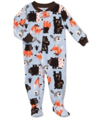 Give him a taste of the great outdoors without ever leaving the house with this fun wood-animal print footed coverall from Carter's.