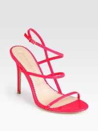 Skinny straps of imported Italian fluo chic patent leather weave their way around the foot, concluding with an adjustable slingback strap and skinny heel. Self-covered heel, 4 (100mm)Fluo chic patent leather upperLeather lining and solePadded insoleImportedAdditional Information Women's Shoe Size Guide (International Equivalents) Skinny straps of imported Italian fluo chic patent leather weave their way around the foot, concluding with an adjustable slingback strap and skinny heel. Self-covered heel, 4 (100mm)Fluo chic patent leather upperLeather lining and solePadded insoleImportedAdditional Information Women's Shoe Size Guide (International Equivalents)