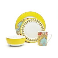 Inspired by rich paisley's often found in Indian designs, this beautiful dinnerware collection combines bright colors with an intricate pattern to weave an exquisite tapestry. Inspired by rich paisley's often found in Indian designs, this beautiful dinnerware collection combines bright colors with an intricate pattern to weave an exquisite tapestry.
