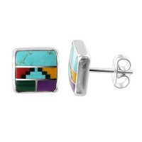 Sterling Silver 8mm Square Multi Gemstone Stud Earrings