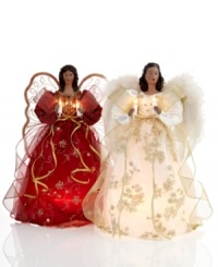 Spirits of the season. Clasping two bright lights, this beautiful tree topper presides over your annual holiday gathering in red and gold or pure white, all with the serenity and grace of an angel. Spirits of the season. Clasping two bright lights, this beautiful tree topper presides over your annual holiday gathering in red and gold or pure white, all with the serenity and grace of an angel.