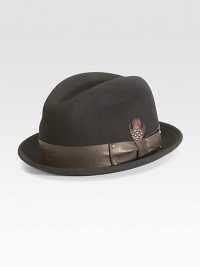A dapper wool and leather hat accented with a feather. WoolLeather accentBrim, about 1½Spot cleanImported A dapper wool and leather hat accented with a feather. WoolLeather accentBrim, about 1½Spot cleanImported