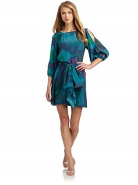 THE LOOKAbstract watercolor print, alloverCutout detail at shouldersThree-quarter length sleeves with elastic cuffsBelted waistOpen back with tie closurePullover styleTHE FITAbout 36 from shoulder to hemTHE MATERIALSilkCARE & ORIGINDry cleanImportedModel shown is 5'10 (177cm) wearing US size Small. THE LOOKAbstract watercolor print, alloverCutout detail at shouldersThree-quarter length sleeves with elastic cuffsBelted waistOpen back with tie closurePullover styleTHE FITAbout 36 from shoulder to hemTHE MATERIALSilkCARE & ORIGINDry cleanImportedModel shown is 5'10 (177cm) wearing US size Small.