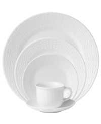 The Nantucket Basket place settings from Wedgwood's dinnerware and dishes collection is a fine, all-white china pattern with an embossed basket-weave feature on the edges. The Nantucket Basket place settings from Wedgwood's dinnerware and dishes collection is a fine, all-white china pattern with an embossed basket-weave feature on the edges.