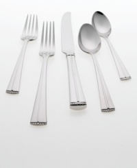 Inspired by the graceful geometry of Art Deco design, Merrill flatware features clean lines and an elegantly tapered handle that makes it the perfect partner to Merrill dinnerware and stemware. The 5-piece place settings are adorned simply with a raised, beaded detail--it's perfect for formal or casual dining. Inspired by the graceful geometry of Art Deco design, Merrill flatware features clean lines and an elegantly tapered handle that makes it the perfect partner to Merrill dinnerware and stemware. The 5-piece place settings are adorned simply with a raised, beaded detail--it's perfect for formal or casual dining.