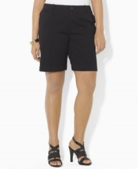 Lauren by Ralph Lauren's preppy cotton plus size chino is fashioned in a classic, essential silhouette to create a chic, versatile look for the season. Lauren by Ralph Lauren's preppy cotton plus size chino is fashioned in a classic, essential silhouette to create a chic, versatile look for the season.