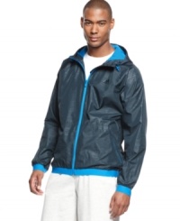 Turn it up. Get a little bold with your active style in this contrast hooded windbreaker from adidas. Turn it up. Get a little bold with your active style in this contrast hooded windbreaker from adidas.