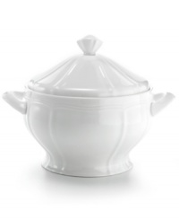 A beautiful way to serve delicious side dishes, this covered casserole from Mikasa's Antique White dinnerware and dishes collection has a unique shape and clean embossed design. The lid helps keep in warmth, while the sculpted handles make it easy to carry. A beautiful way to serve delicious side dishes, this covered casserole from Mikasa's Antique White dinnerware and dishes collection has a unique shape and clean embossed design. The lid helps keep in warmth, while the sculpted handles make it easy to carry.