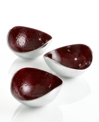 Full of surprises, these handcrafted nut bowls from Simply Designz feature sleek, polished aluminum lined with lustrous burgundy enamel. A bold set for serving snacks or simply decorating the table. Full of surprises, these handcrafted nut bowls from Simply Designz feature sleek, polished aluminum lined with lustrous burgundy enamel. A bold set for serving snacks or simply decorating the table.