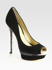Snake-print leather accents add exotic edge to this peep toe silhouette of velvety suede. Snake-print leather heel, 5½ (140mm)Leather and metallic snake-print leather platform, 1¼ (30mm)Compares to a 4¼ heel (110mm)Suede upperPeep toeLeather lining and solePadded insoleImported Snake-print leather accents add exotic edge to this peep toe silhouette of velvety suede. Snake-print leather heel, 5½ (140mm)Leather and metallic snake-print leather platform, 1¼ (30mm)Compares to a 4¼ heel (110mm)Suede upperPeep toeLeather lining and solePadded insoleImported