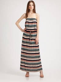 Retro stripes and a drawstring drop waist add bohemian charm to this strapless maxi dress. StraplessDrawstring drop waistAbout 36 from natural waistRayonDry cleanImportedModel shown is 5'10 (177cm) wearing US size Small. Retro stripes and a drawstring drop waist add bohemian charm to this strapless maxi dress. StraplessDrawstring drop waistAbout 36 from natural waistRayonDry cleanImportedModel shown is 5'10 (177cm) wearing US size Small.