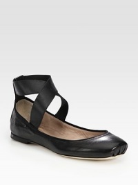 Stretch leather style topped with elastic criss-cross straps that make their way up the ankle. Leather and elastic upperLeather liningBuffed leather solePadded insoleMade in ItalyOUR FIT MODEL RECOMMENDS ordering true size. Stretch leather style topped with elastic criss-cross straps that make their way up the ankle. Leather and elastic upperLeather liningBuffed leather solePadded insoleMade in ItalyOUR FIT MODEL RECOMMENDS ordering true size.