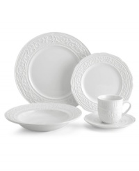 A little bit country. Made for the rigors of daily use but with an embossed design that's entirely graceful, the American Countryside place setting from Mikasa promises well-balanced dining in classic white stoneware. A little bit country. Made for the rigors of daily use but with an embossed design that's entirely graceful, the American Countryside place setting from Mikasa promises well-balanced dining in classic white stoneware.