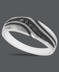Treat him to dramatic design. Bold, round-cut black diamonds (1/5 ct. t.w.) adorn this stately men's ring. An intricate wave design adds extra flair. Set in sterling silver. Size 10-1/2. Treat him to dramatic design. Bold, round-cut black diamonds (1/5 ct. t.w.) adorn this stately men's ring. An intricate wave design adds extra flair. Set in sterling silver. Size 10-1/2.