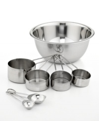 Avoid a great mix-up! Including a mixing bowl & essential measuring cups & spoons, this set of dishwasher-safe kitchen classics simplifies prep & guarantees a precision approach to each & every recipe. Plus, each stainless steel piece adds a refined elegance to the busiest space in your house. Limited lifetime warranty. Avoid a great mix-up! Including a mixing bowl & essential measuring cups & spoons, this set of dishwasher-safe kitchen classics simplifies prep & guarantees a precision approach to each & every recipe. Plus, each stainless steel piece adds a refined elegance to the busiest space in your house. Limited lifetime warranty.