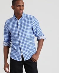 A handsome check shirt with a slim, modern fit is embellished with a contrast check placket--it's all about the details. A handsome check shirt with a slim, modern fit is embellished with a contrast check placket--it's all about the details.