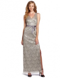 BCBGMAXAZRIA Women's Nadir V-Neck Metallic Lace Gown, Silver, 4 BCBGMAXAZRIA Women's Nadir V-Neck Metallic Lace Gown, Silver, 4