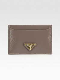 Saffiano vernice leather in a flat compact design.Two open pocketsFully lined4W X 2¾H X ¼DMade in Italy Saffiano vernice leather in a flat compact design.Two open pocketsFully lined4W X 2¾H X ¼DMade in Italy
