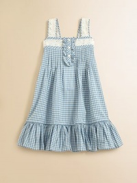 Delicate lace trim adorns the shoulder straps and neckline of this pretty A-line frock, rendered in a bright gingham check for preppy warm-weather style.Straight necklineWide shoulder strapsRuffled front button placketPintucked bodiceRear smockingFlared, ruffled hemCottonMachine washImported Please note: Number of buttons may vary depending on size ordered. Delicate lace trim adorns the shoulder straps and neckline of this pretty A-line frock, rendered in a bright gingham check for preppy warm-weather style.Straight necklineWide shoulder strapsRuffled front button placketPintucked bodiceRear smockingFlared, ruffled hemCottonMachine washImported Please note: Number of buttons may vary depending on size ordered.