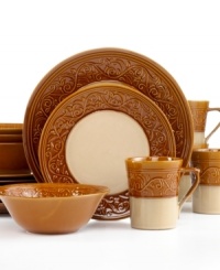 Embossed with graceful vines, the Signal Hill dinnerware set imparts a romantic, old-world charm on any casual setting. Featuring a warm caramel and cream palette in durable stoneware. Embossed with graceful vines, the Signal Hill dinnerware set imparts a romantic, old-world charm on any casual setting. Featuring a warm caramel and cream palette in durable stoneware.