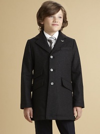 Soft, woven wool blend, expertly tailored in a single-breasted, button-front silhouette with plenty of pockets and logo detail.Notched collarLong sleeves with button cuff detailSingle-breasted button frontWelt pocketFlap pocketsBack pleatFully lined80% virgin wool/20% polyamideDry CleanImported Please note: Number of buttons may vary depending on size ordered. Soft, woven wool blend, expertly tailored in a single-breasted, button-front silhouette with plenty of pockets and logo detail.Notched collarLong sleeves with button cuff detailSingle-breasted button frontWelt pocketFlap pocketsBack pleatFully lined80% virgin wool/20% polyamideDry CleanImported Please note: Number of buttons may vary depending on size ordered.