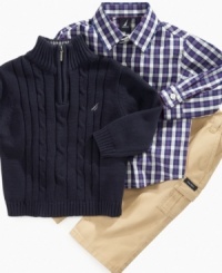 His Sunday's best just got a whole lot cuter with this darling sweater, button down and khakis set by Nautica. His Sunday's best just got a whole lot cuter with this darling sweater, button down and khakis set by Nautica.