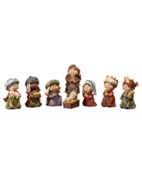Give your little ones a big sense of wonder. This precious nativity captures the innocence and joy of children, as the jubilant faces of Mary, Joseph and the other witnesses embrace and behold the baby Jesus. Rich earthy tones and burnt hues add to the miracle unfolding. Give your little ones a big sense of wonder. This precious nativity captures the innocence and joy of children, as the jubilant faces of Mary, Joseph and the other witnesses embrace and behold the baby Jesus. Rich earthy tones and burnt hues add to the miracle unfolding.
