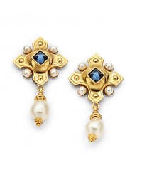 THE LOOKByzantine collectionCross design with drop detailColored glass stone and faux pearl accents24k electroplated gold settingPost backTHE MEASUREMENTWidth, about 1.5Length, about 3ORIGINMade in USA THE LOOKByzantine collectionCross design with drop detailColored glass stone and faux pearl accents24k electroplated gold settingPost backTHE MEASUREMENTWidth, about 1.5Length, about 3ORIGINMade in USA